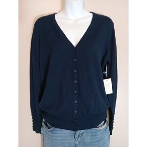 Cielo Women Navy Blue Button Down V Neck Longsleeve Button Design Sweater Size L